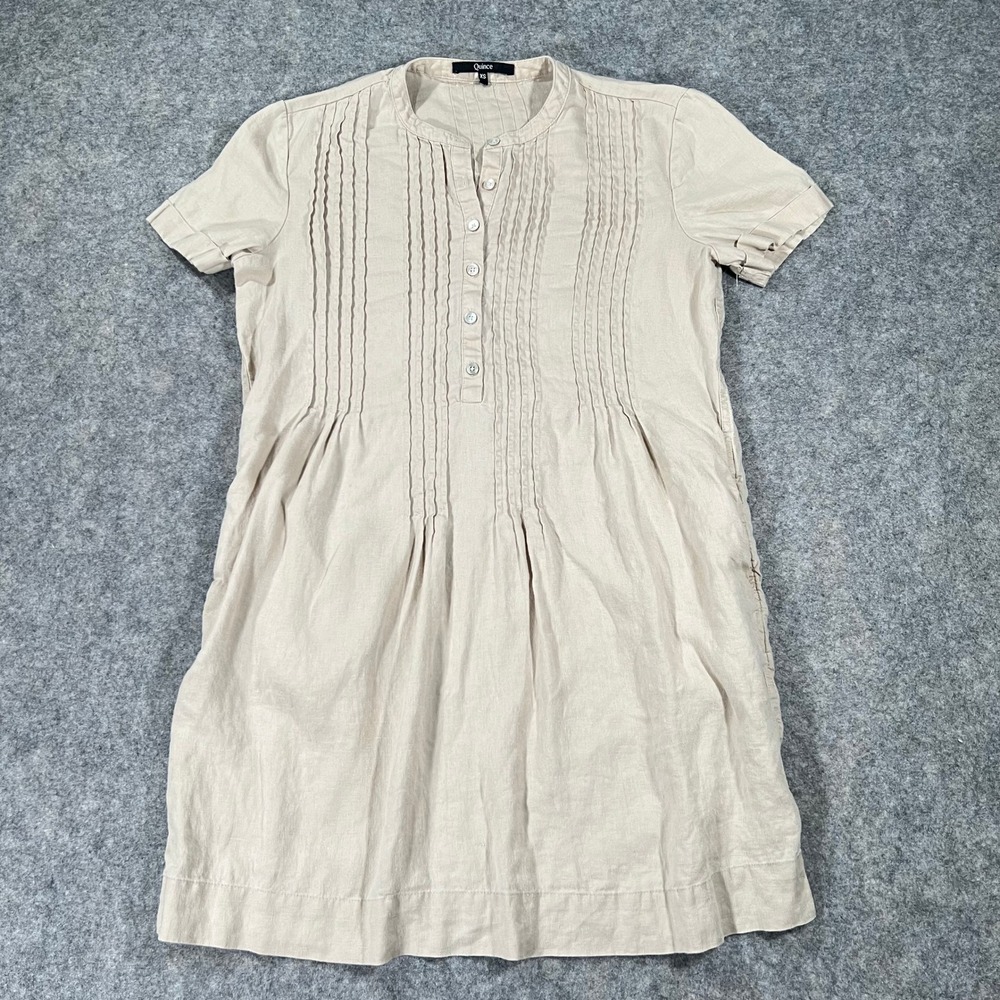 Quince Dress Women XS Tan Linen Pintuck Button Short Sleeve Shift Pocket Mini